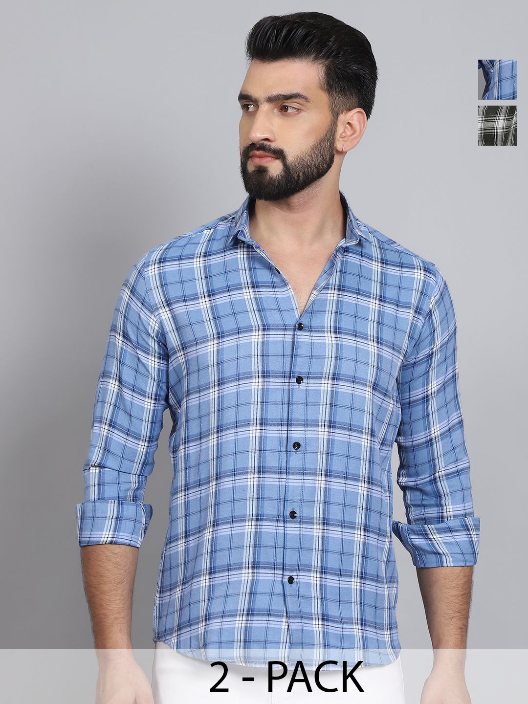 

Tanip Men Pack Of 2 Spread Collar Tartan Checked Cotton Casual Shirts, Blue