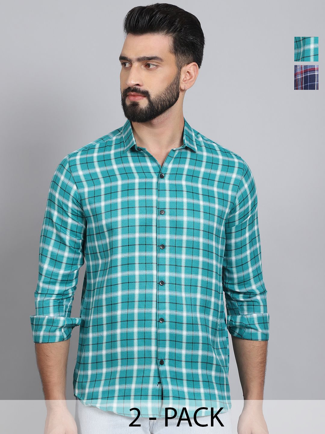 

Tanip Men Pack Of 2 Spread Collar Tartan Checked Cotton Casual Shirts, Green