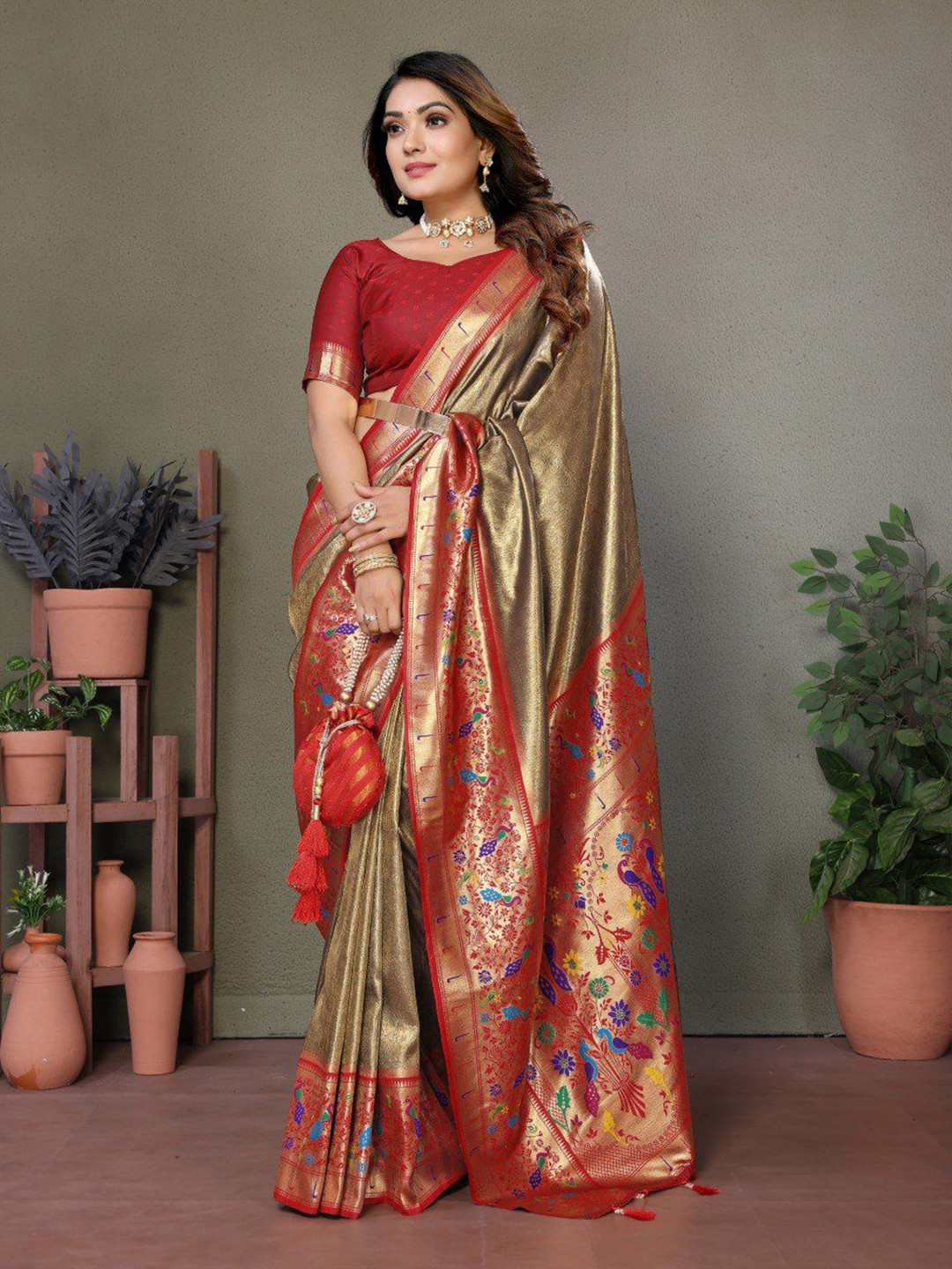 

Anaita Woven Design Zari Silk Blend Banarasi Saree, Khaki