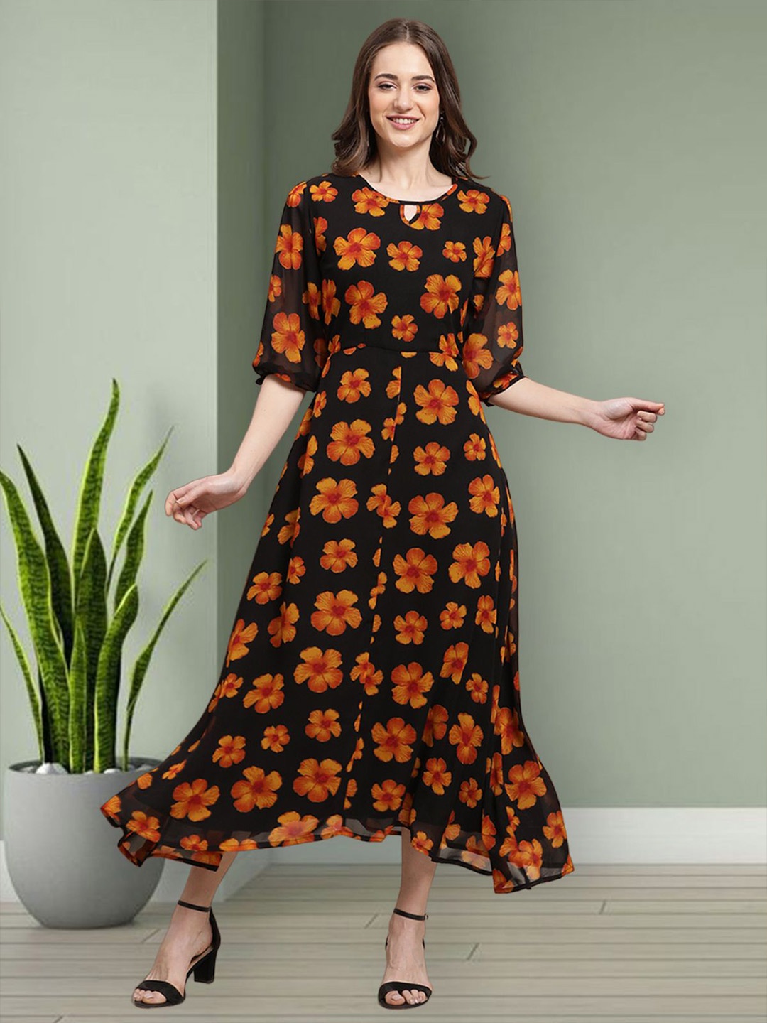 

Mast & Harbour Women Floral Printed Puff Sleeve Layered Georgette Fit & Flare Midi Dress, Orange