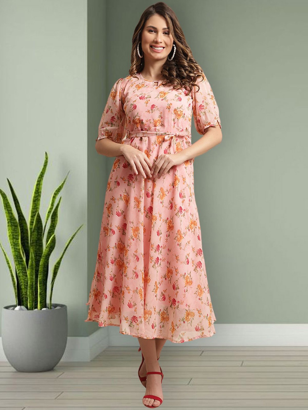 

Mast & Harbour Women Floral Printed Puff Sleeve Georgette Fit & Flare Midi Dress, Peach