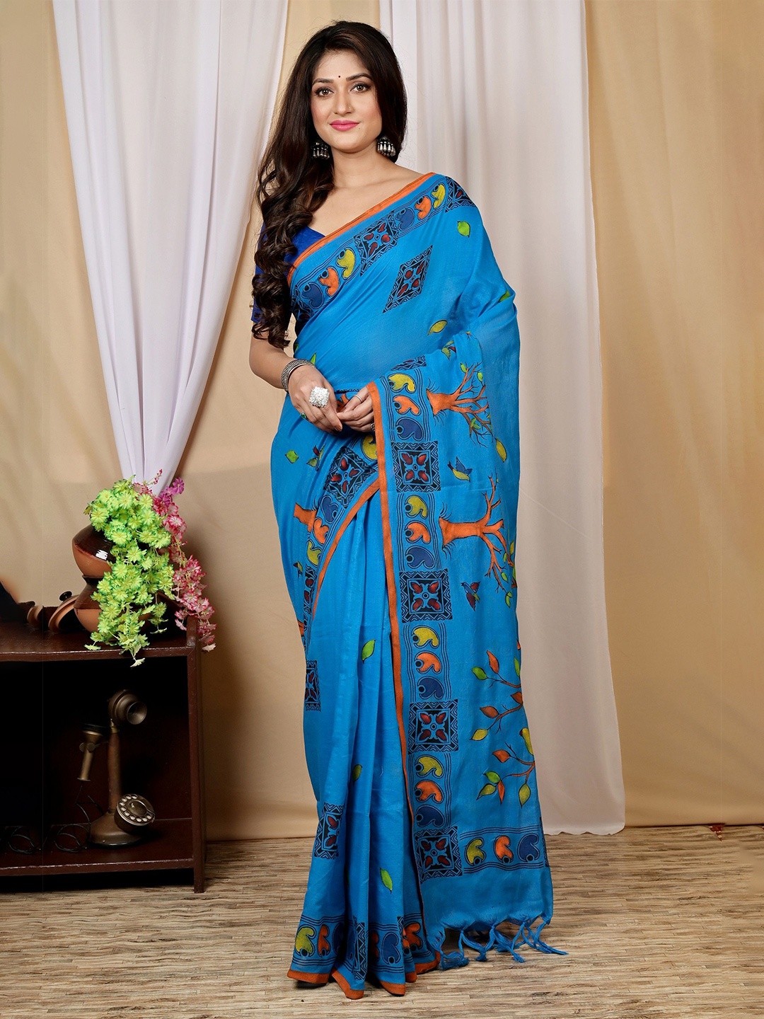 

PuJoy Ethnic Motifs Pure Cotton Taant Saree, Blue