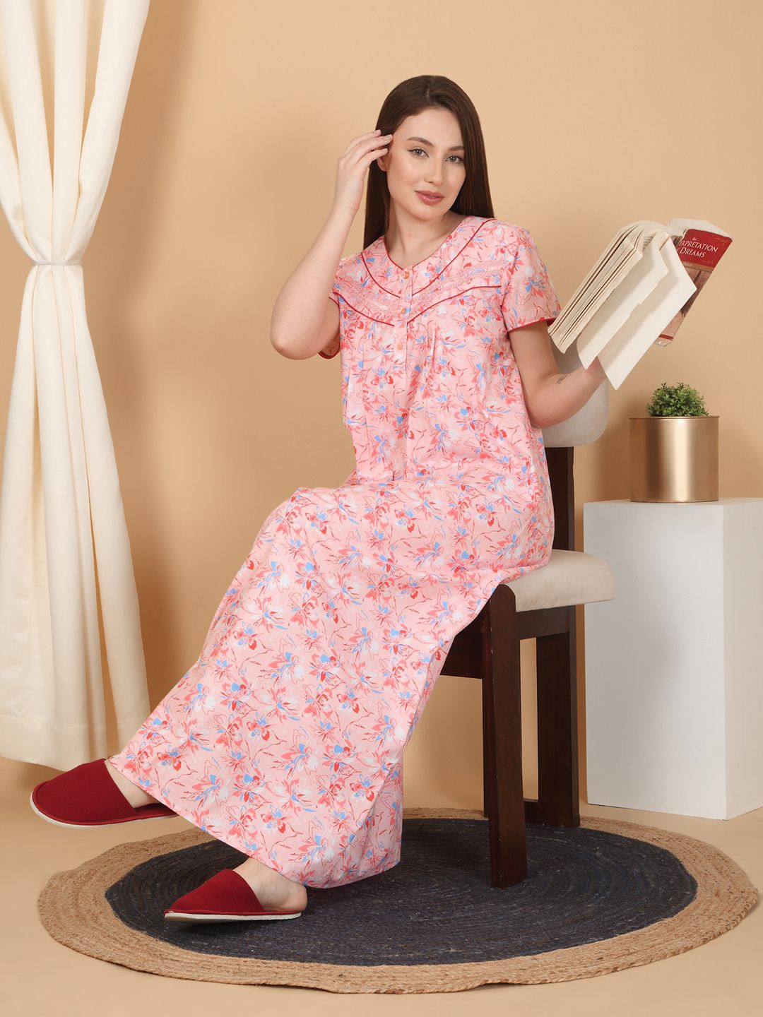 

SAANJ Printed Pure Cotton Maxi Nightdress, Peach