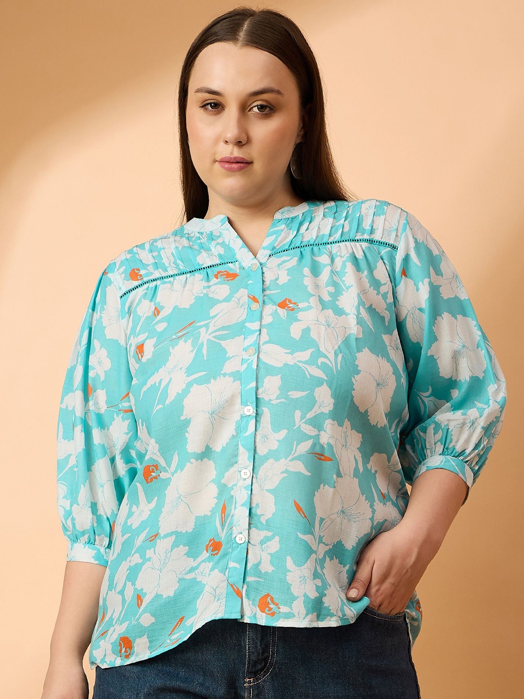 

all about you Floral Print Mandarin Collar Puff Sleeve Top, Blue