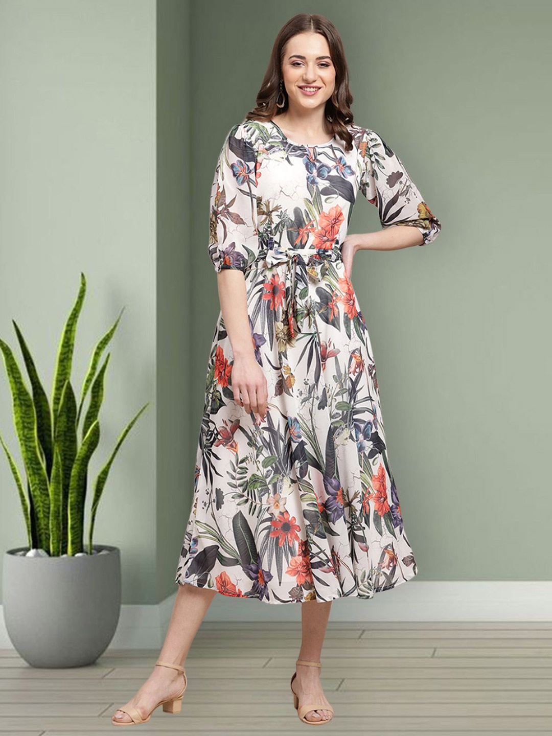 

Mast & Harbour Floral Printed Puff Sleeve Georgette Fit & Flare Midi Dress, Grey