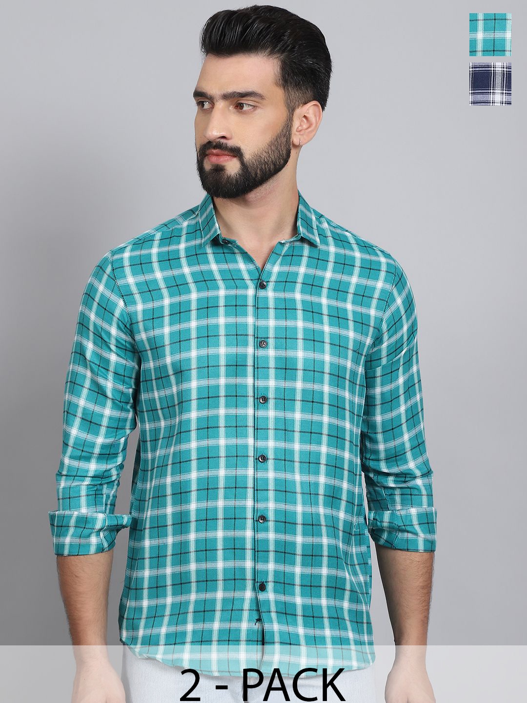 

Tanip Men Pack Of 2 Spread Collar Tartan Checked Cotton Casual Shirts, Sea green