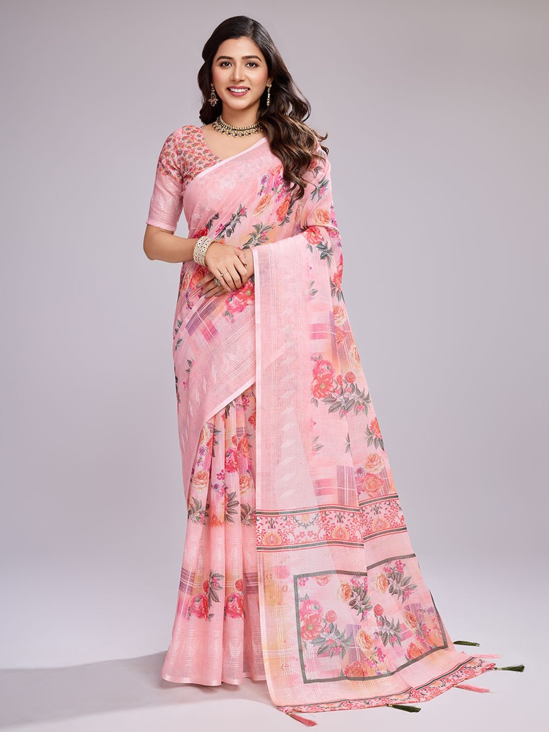 

Melok Floral Linen Blend Saree, Pink