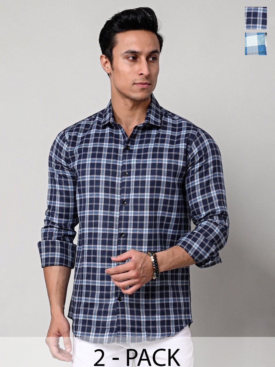 

Tanip Men Pack Of 2 Spread Collar Tartan Checked Cotton Casual Shirts, Blue