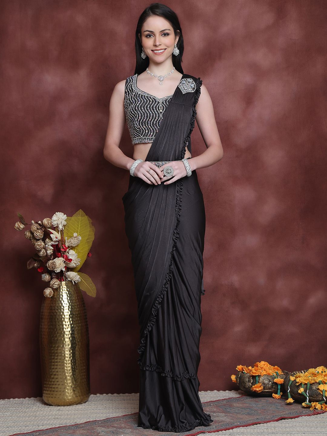 

Grancy Sequinned Ready to Wear Saree, Black