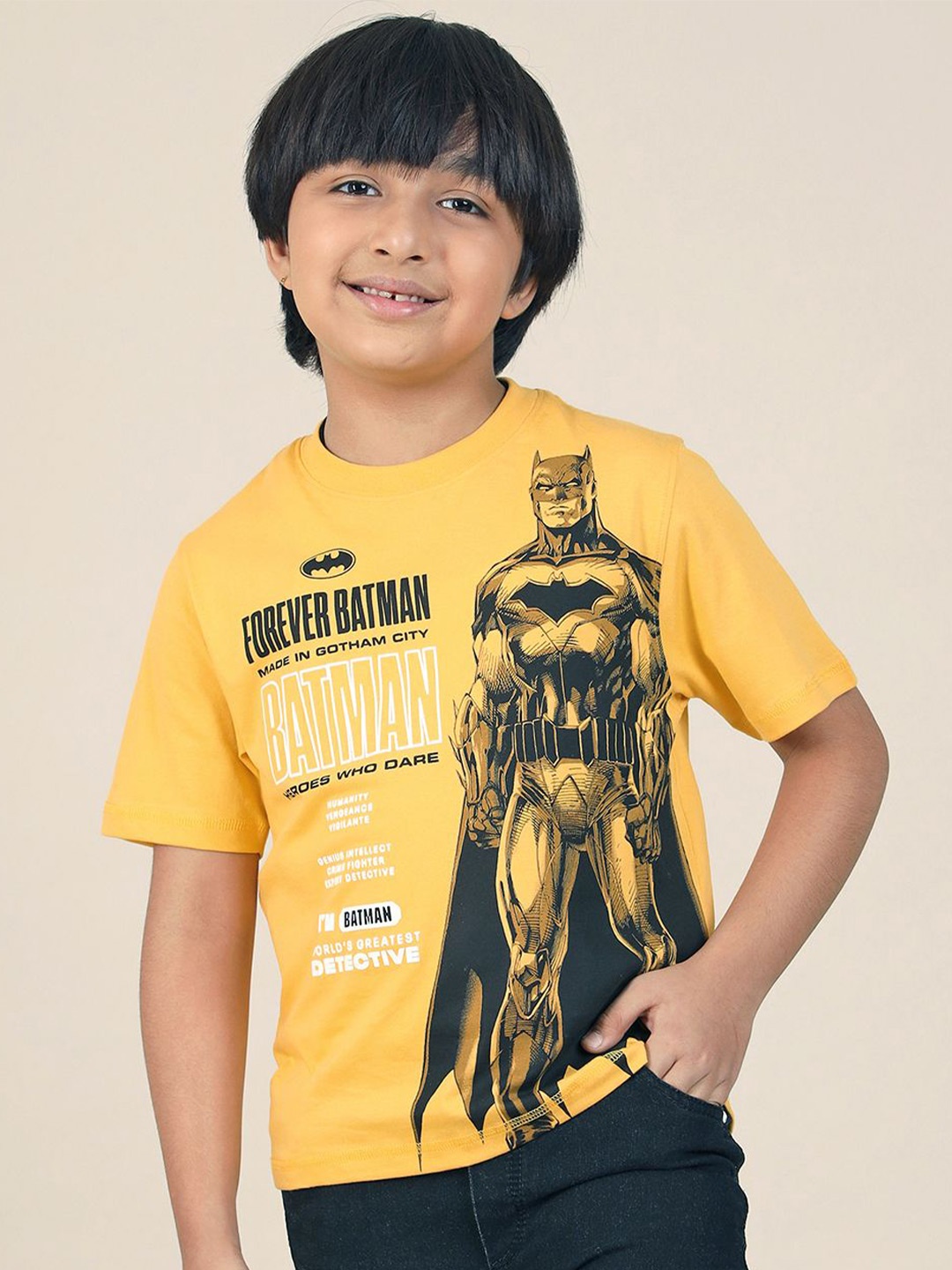 

Kids Ville Boys Batman Typography Printed Round Neck Cotton T-shirt, Yellow