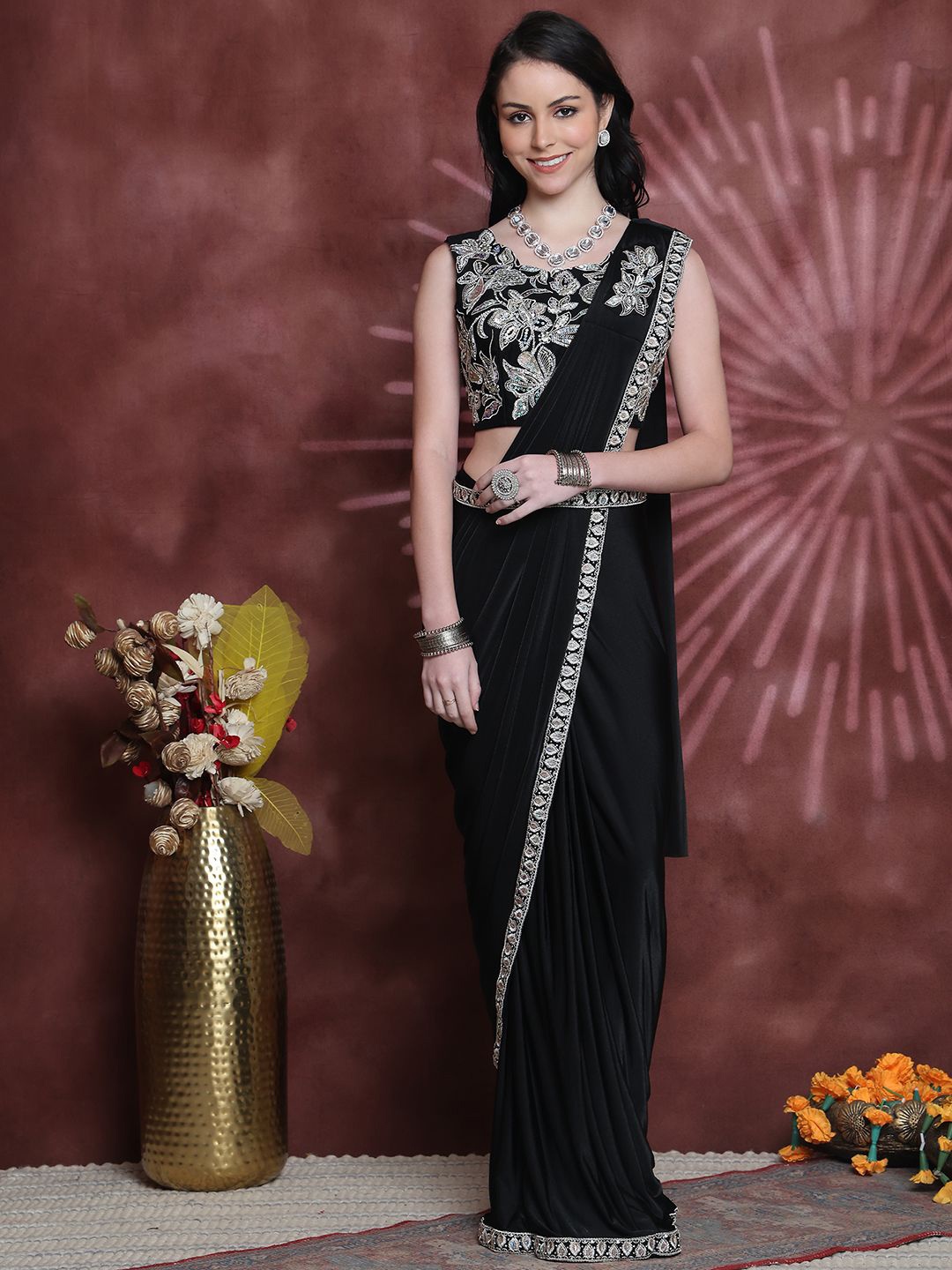 

Grancy Beads and Stones Ready to Wear Leheriya Saree, Black