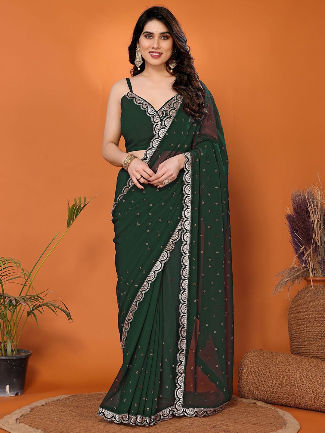 

FABMORA Ethnic Motifs Beads and Stones Pure Georgette Saree, Green