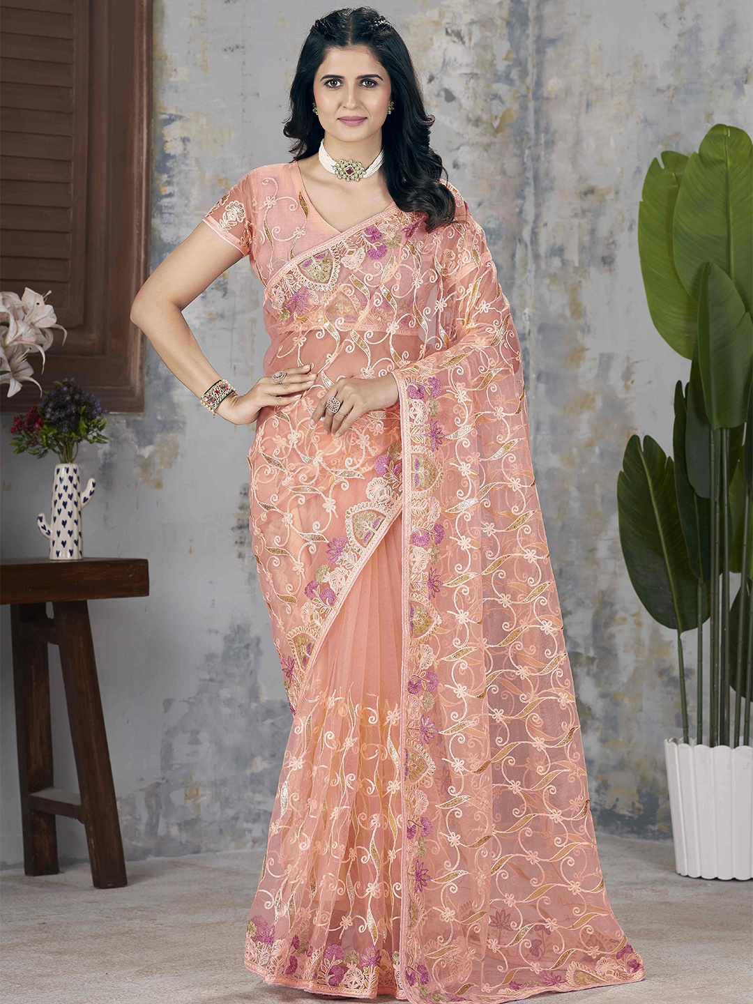 

RV CREATION Floral Aari Work Net Designer Saree, Peach