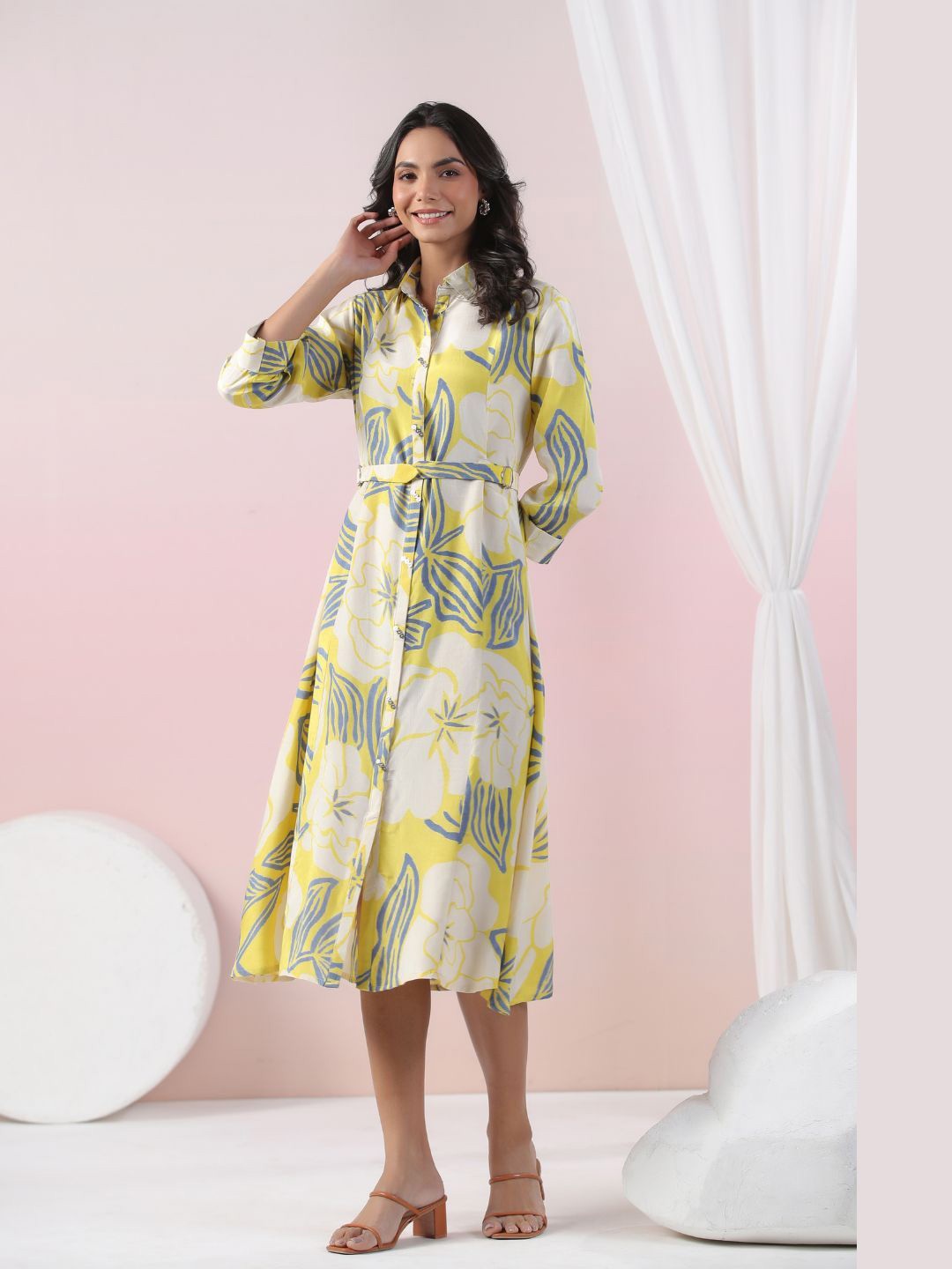 

Kaftanize Women Floral Printed Fit & Flare Midi Dress, Yellow