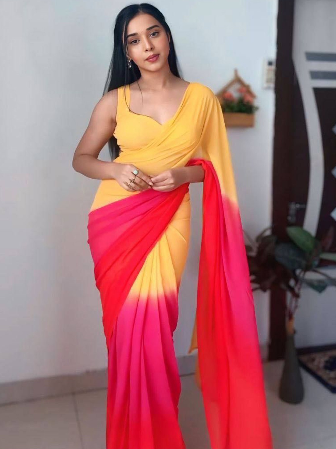 

ZIBLON Woven Design Ready to Wear Holi Saree, Yellow