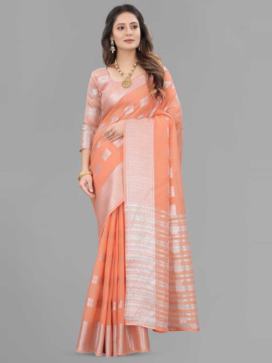 

A TO Z CART Woven Design Zari Saree, Peach