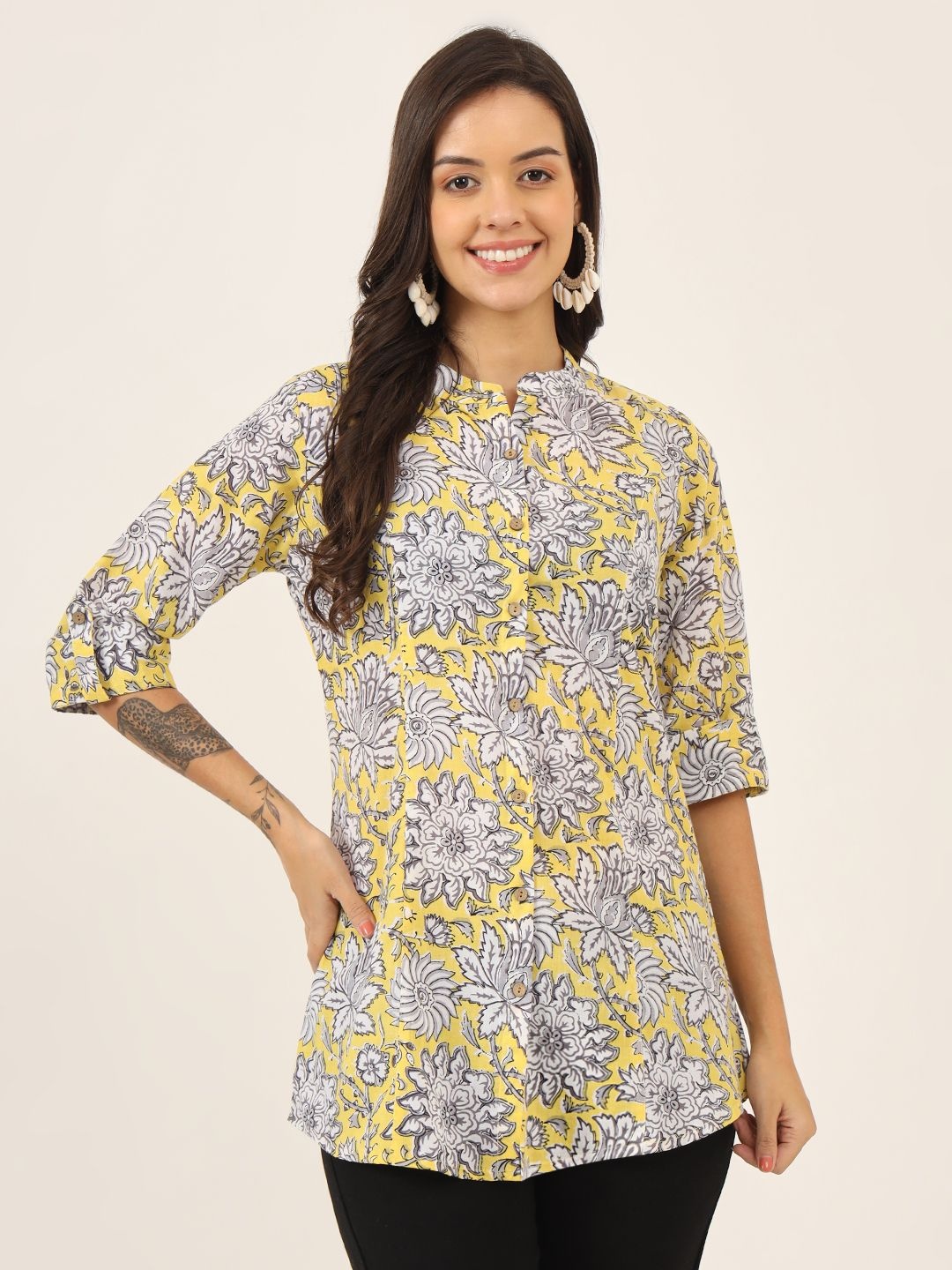 

BAESD Floral Printed Mandarin Collar Roll-Up Sleeves Cotton A-Line Top, Yellow