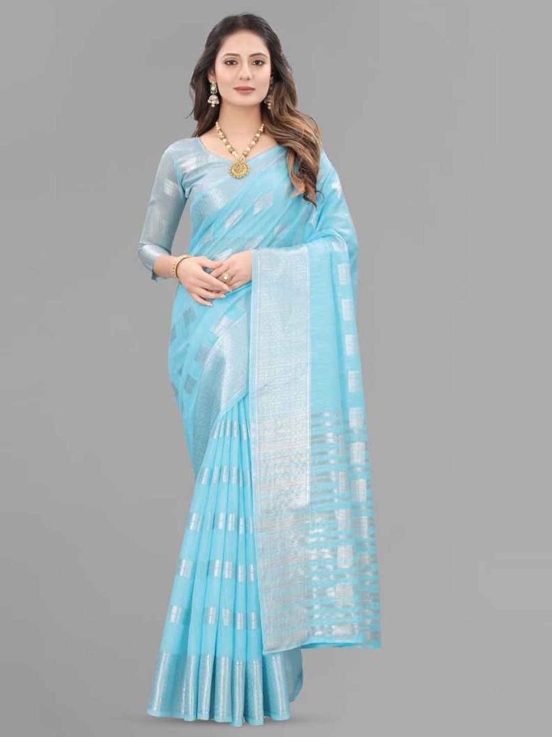 

A TO Z CART Woven Design Zari Pure Linen Saree, Turquoise blue