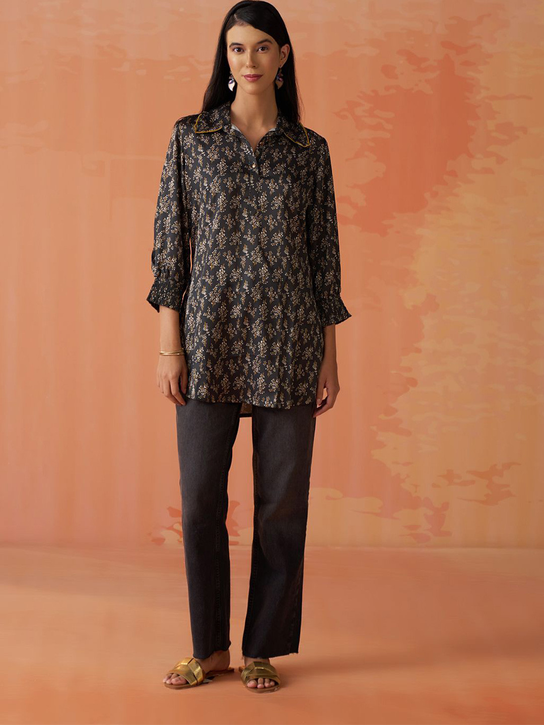 

Lakshita Floral Printed Longline Shirt Style Top, Green