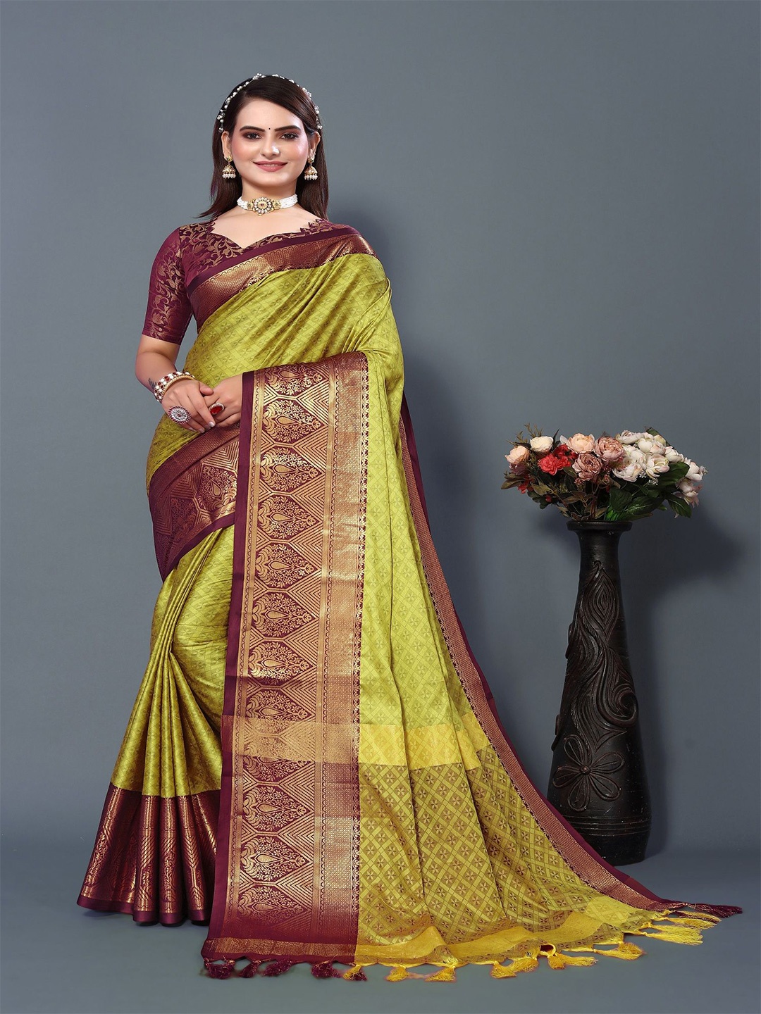 

A TO Z CART Woven Design Zari Saree, Lime green