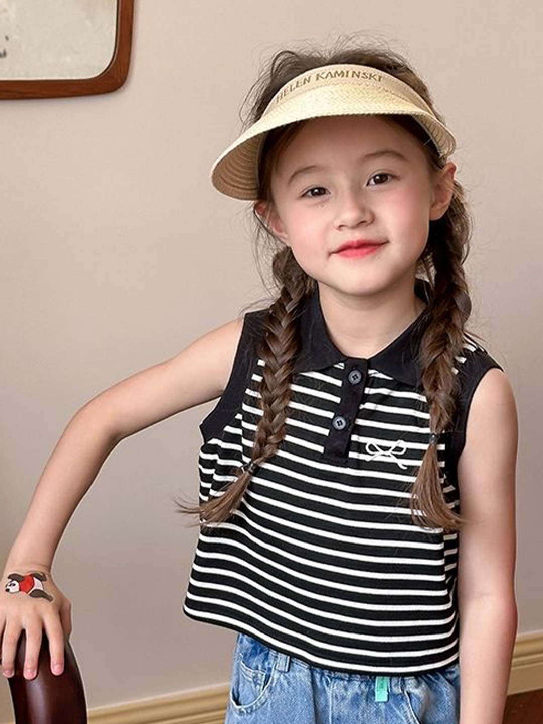 

LULU & SKY Girls Striped Shirt Collar Top, Black