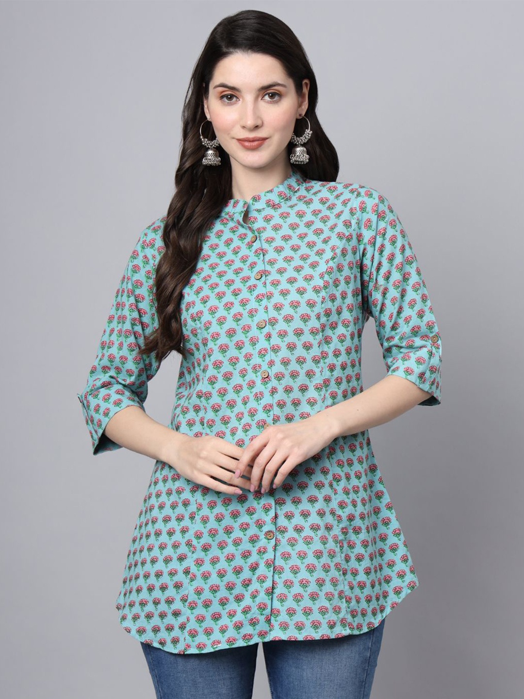 

BAESD Floral Printed Mandarin Collar Roll-Up Sleeves Cotton Shirt Style Top, Turquoise blue