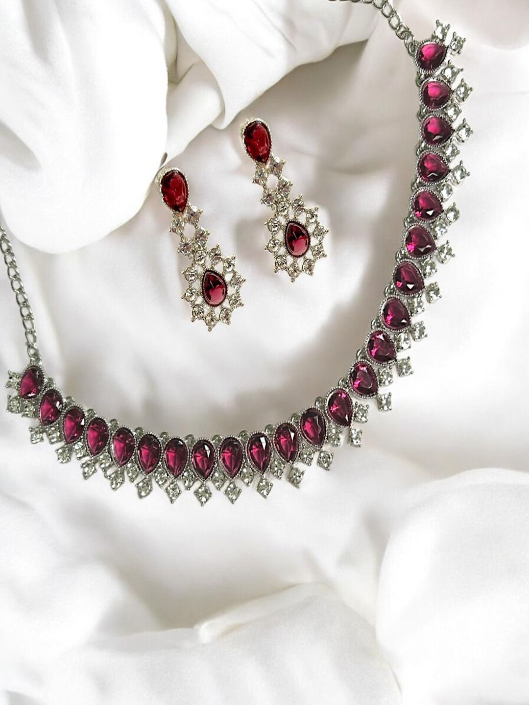 

AccessHer Silver Plated American Diamond Studded Necklace and Earrings With Maang Tika