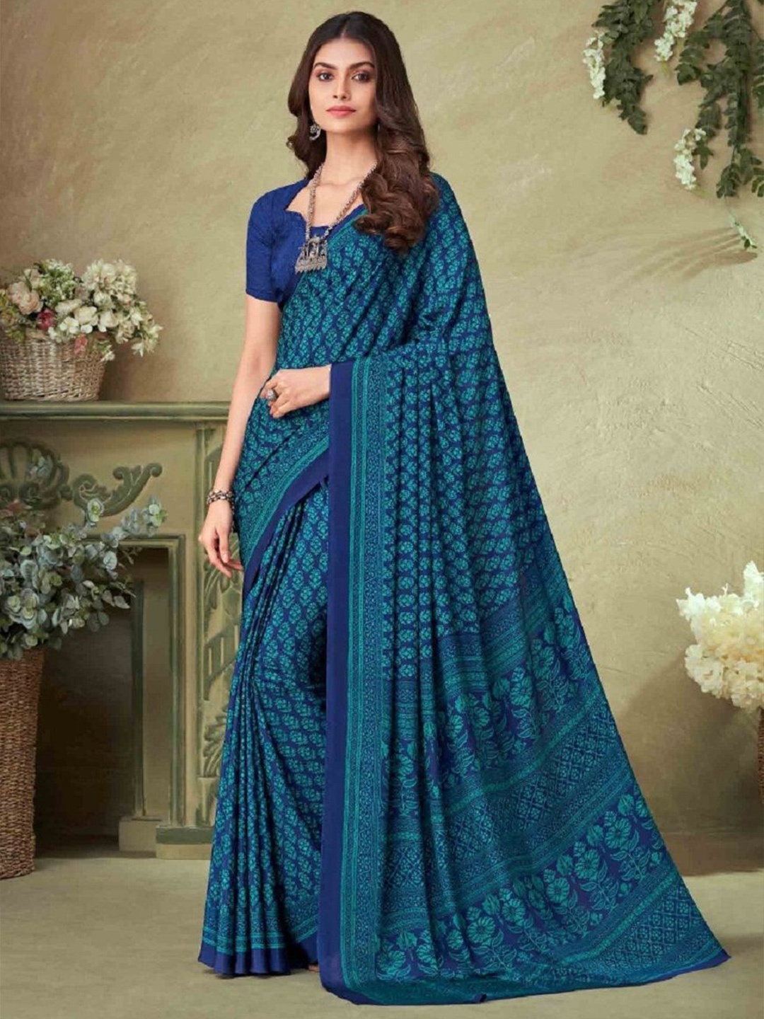 

DURGA EMPORIO Floral Pure Crepe Saree, Blue