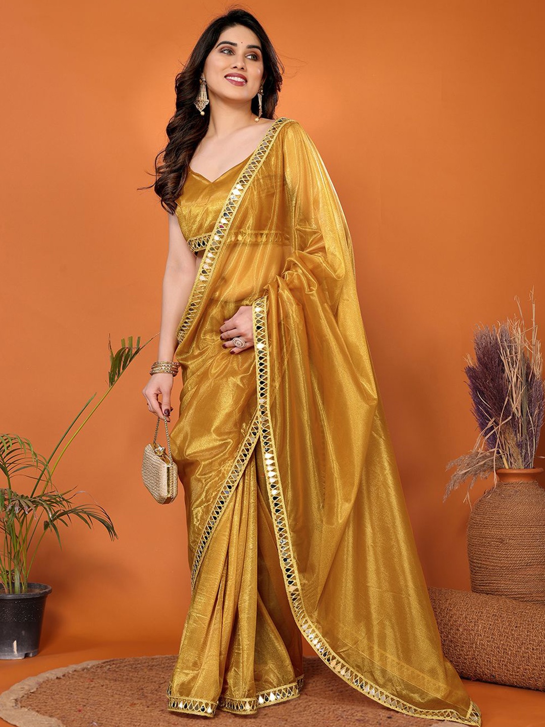 

FABMORA Embellished Mirror Work Organza Saree, Gold