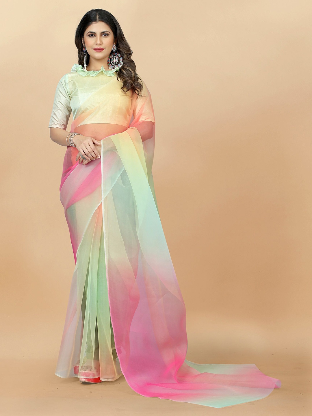 

TATMIN Ombre Printed Organza Saree, Green