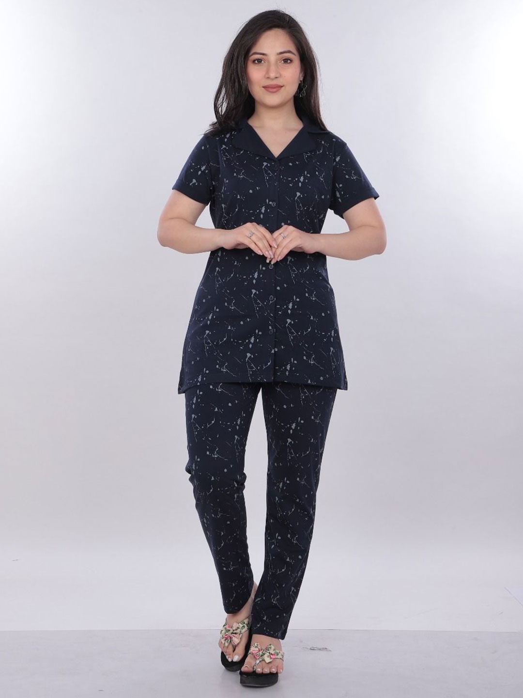 

CLINT Abstract Printed Lapel Collar Shirt With Pyjama, Navy blue