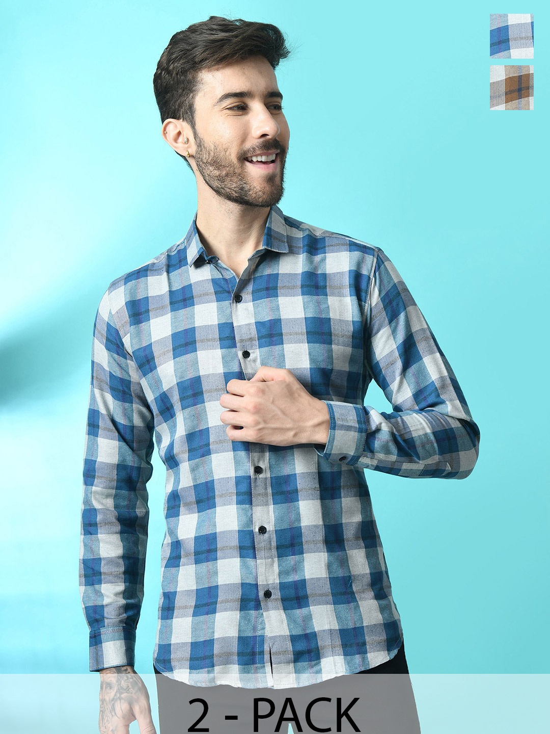 

Tanip Men Pack Of 2 Spread Collar Tartan Checked Cotton Casual Shirts, Blue