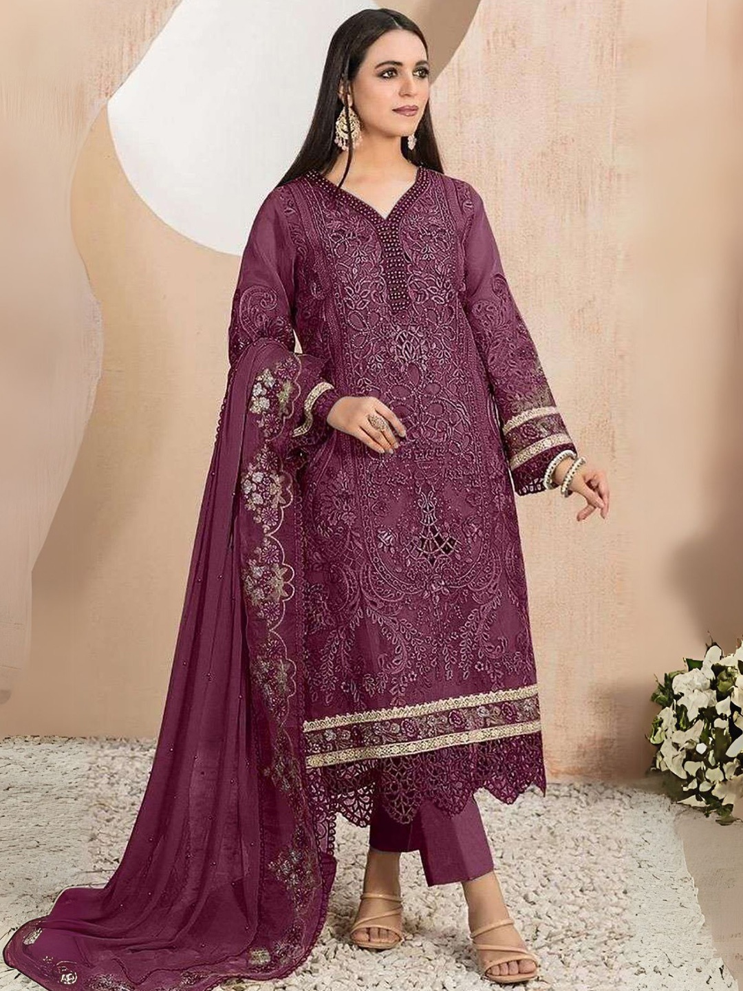 

ODETTE Floral Embroidered Beads and Stones Kurta with Trousers & Dupatta, Burgundy