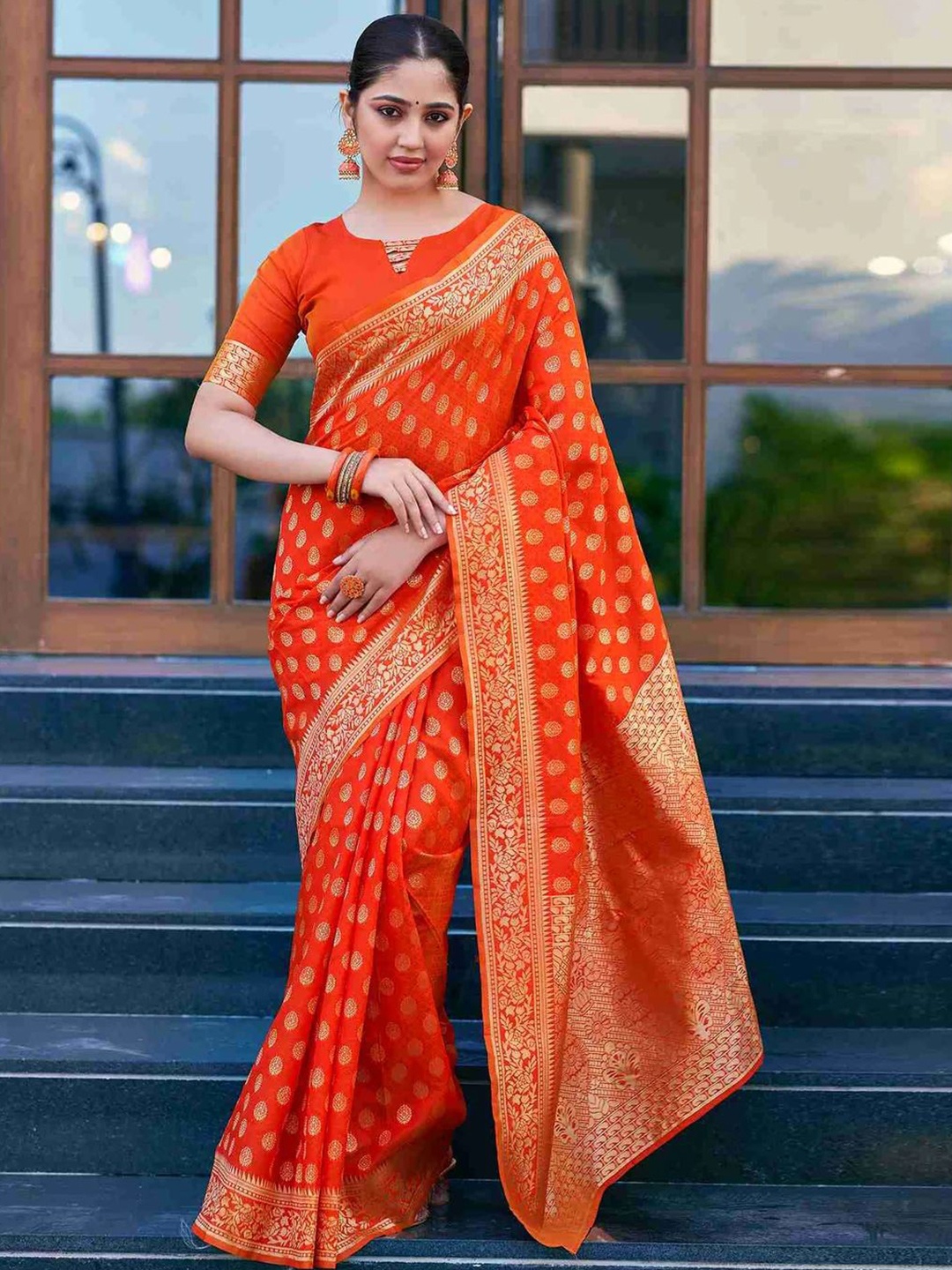 

Melok Woven Design Zari Art Silk Banarasi Saree, Orange