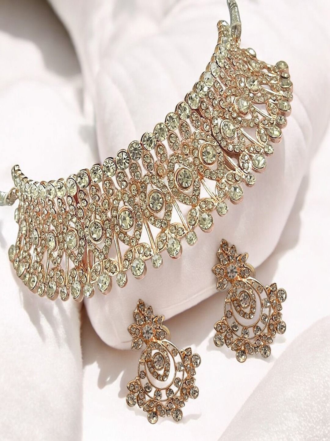 

AccessHer Gold Plated American Diamond Studded Necklace and Earrings With Maang Tika