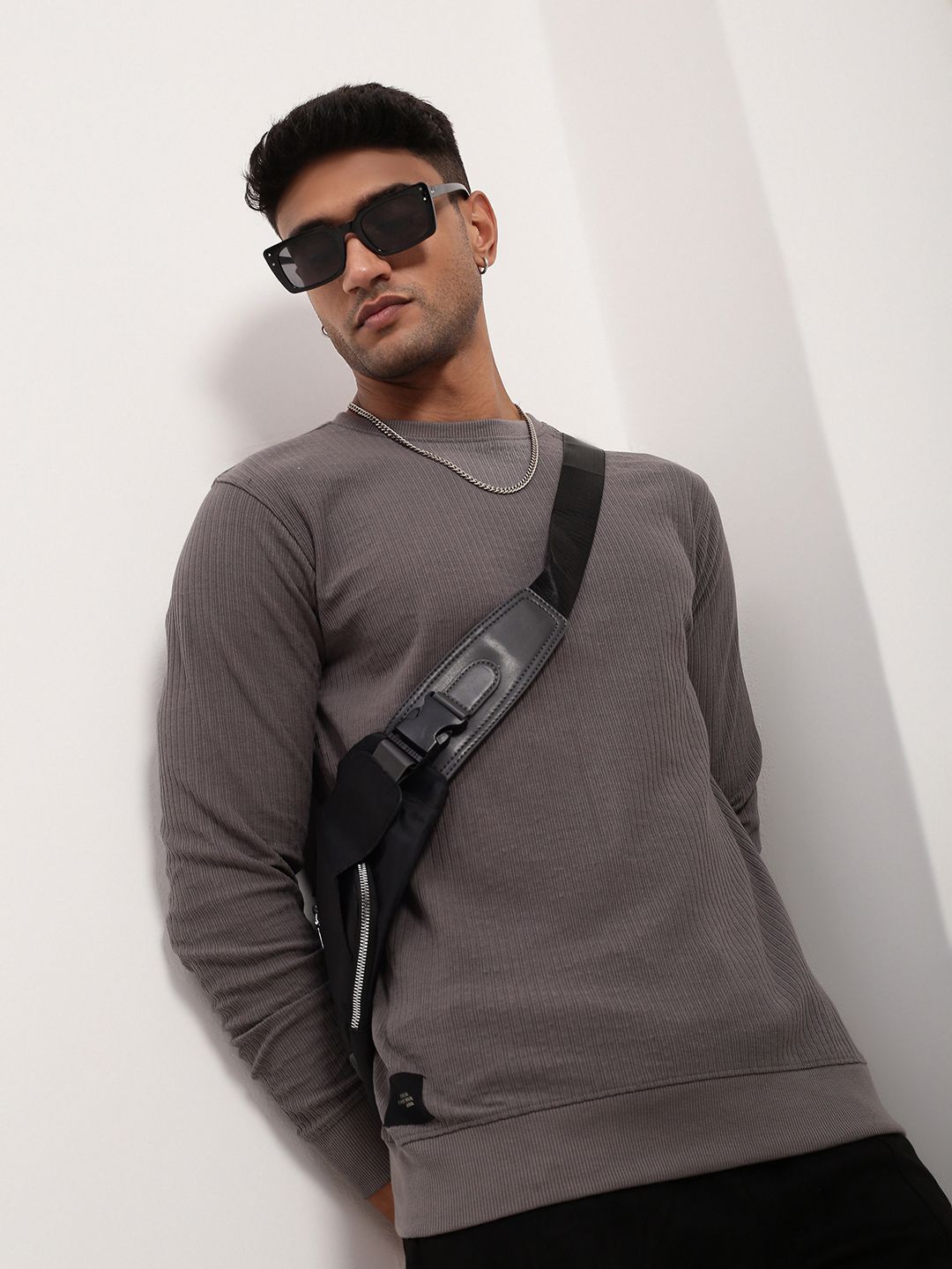 

SHOWOFF Men Ribbed Cotton Sweatshirt, Grey