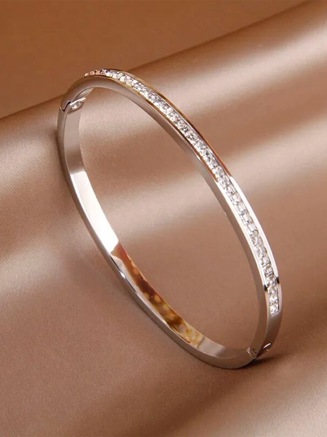 

Shining Diva Fashion Stainless Steel Silver-Plated Crystals Kada Bracelet