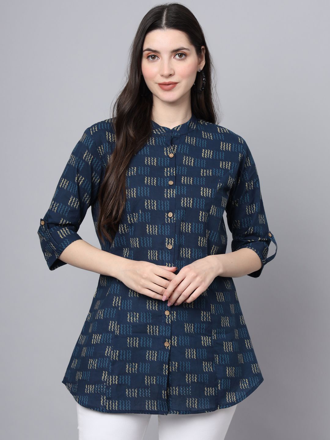 

BAESD Floral Print Mandarin Collar Roll-Up Sleeves Ethnic Cotton Top, Blue