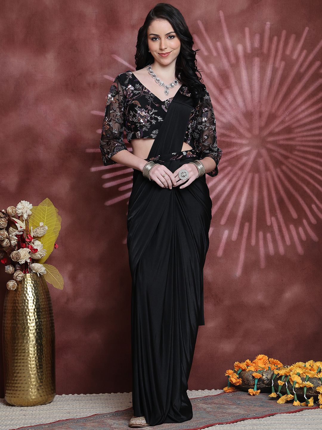 

Grancy Ready to Wear Leheriya Saree, Black