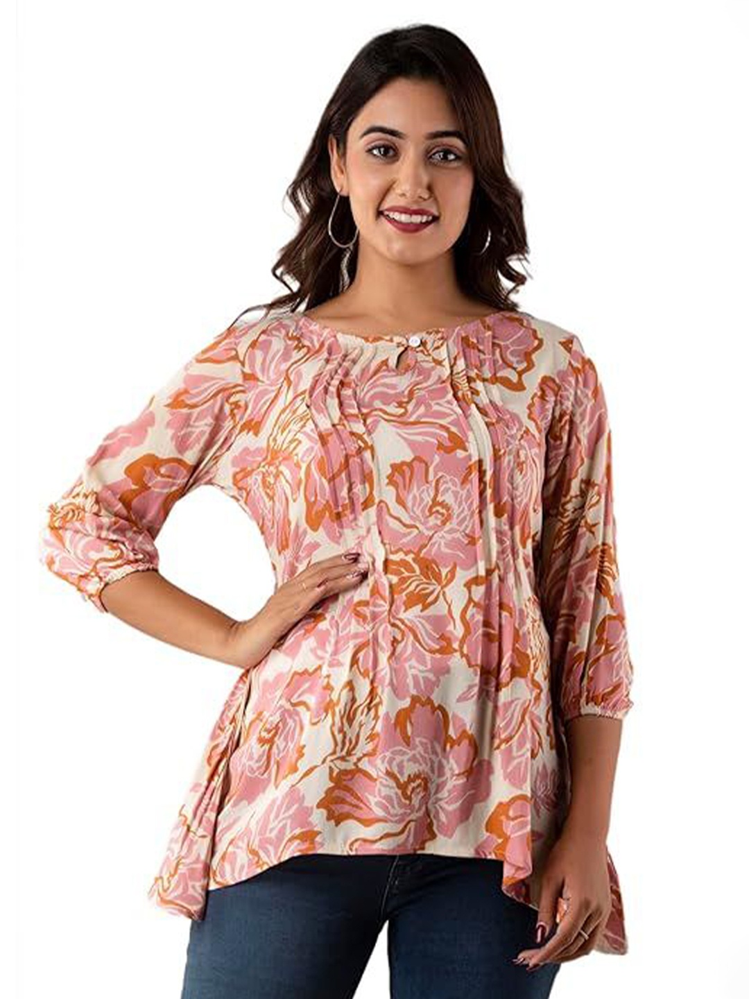 

Madnoo Women Floral Printed Pleated Top, Peach