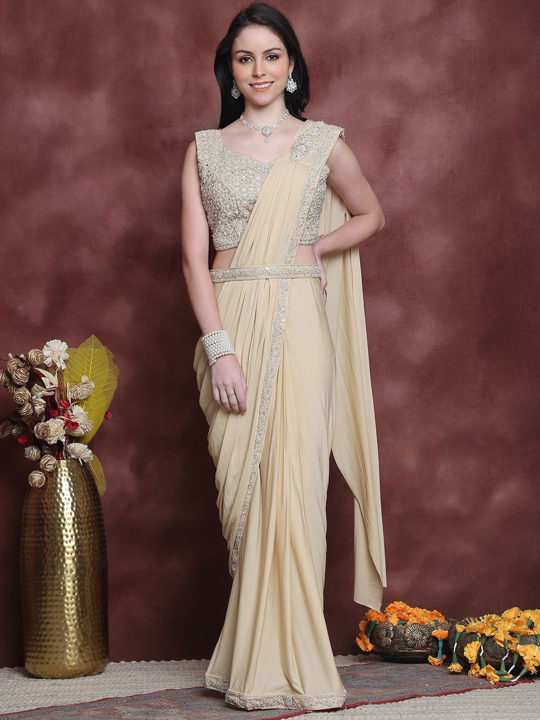 

Grancy Embroidered Ready to Wear Saree, Gold