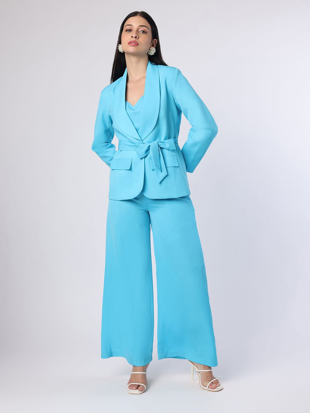 

BLANC9 Shoulder Straps Crop Top With Trousers & Blazer, Blue