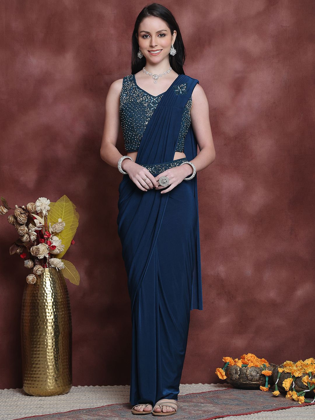 

Grancy Beads and Stones Saree, Teal