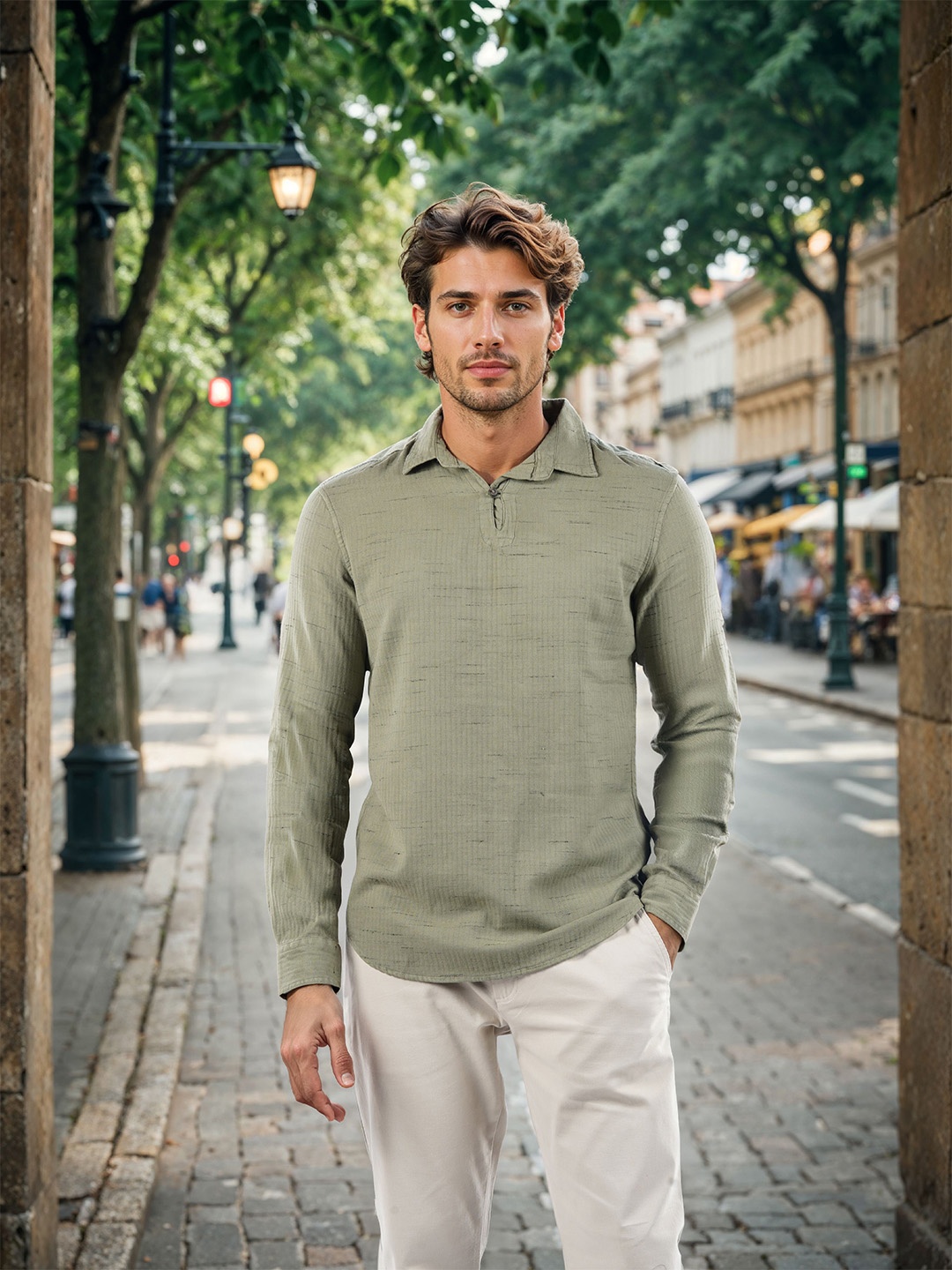 

Celio Men Classic Slim Fit Solid Long Sleeves Cotton Casual Shirt, Olive