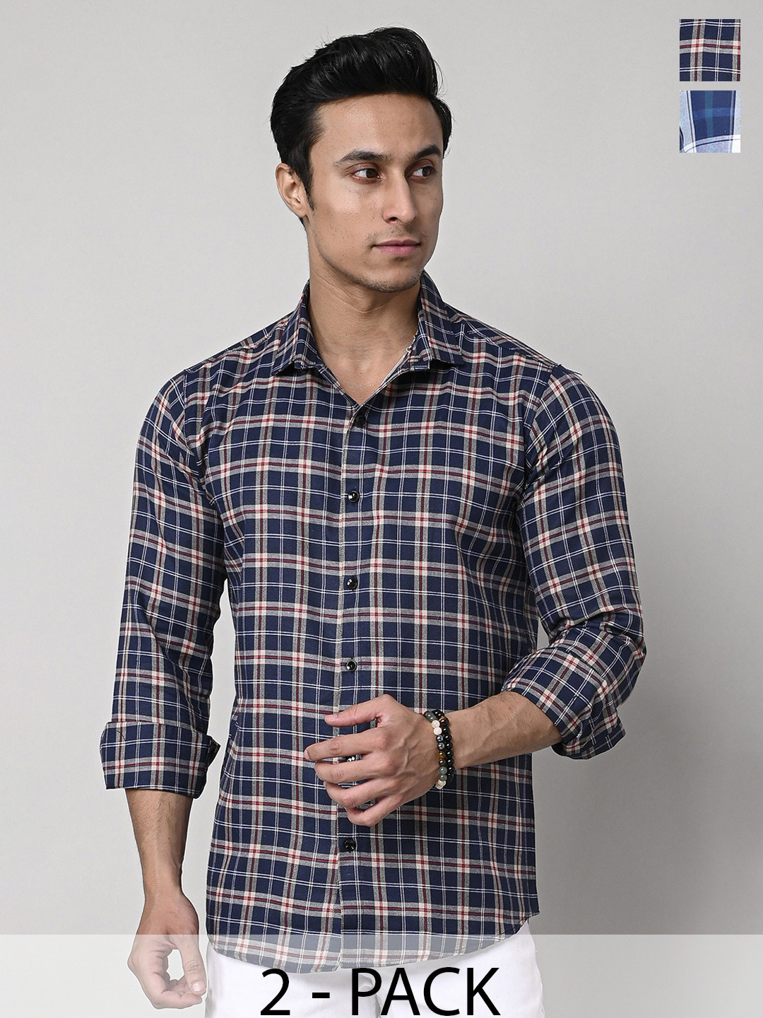 

Tanip Men Pack Of 2 Spread Collar Tartan Checked Cotton Casual Shirts, Navy blue