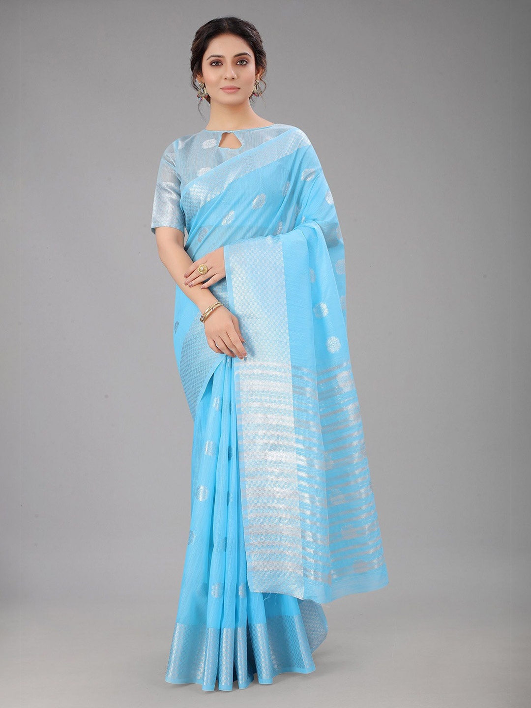 

A TO Z CART Ethnic Motifs Woven Design Zari Saree, Turquoise blue