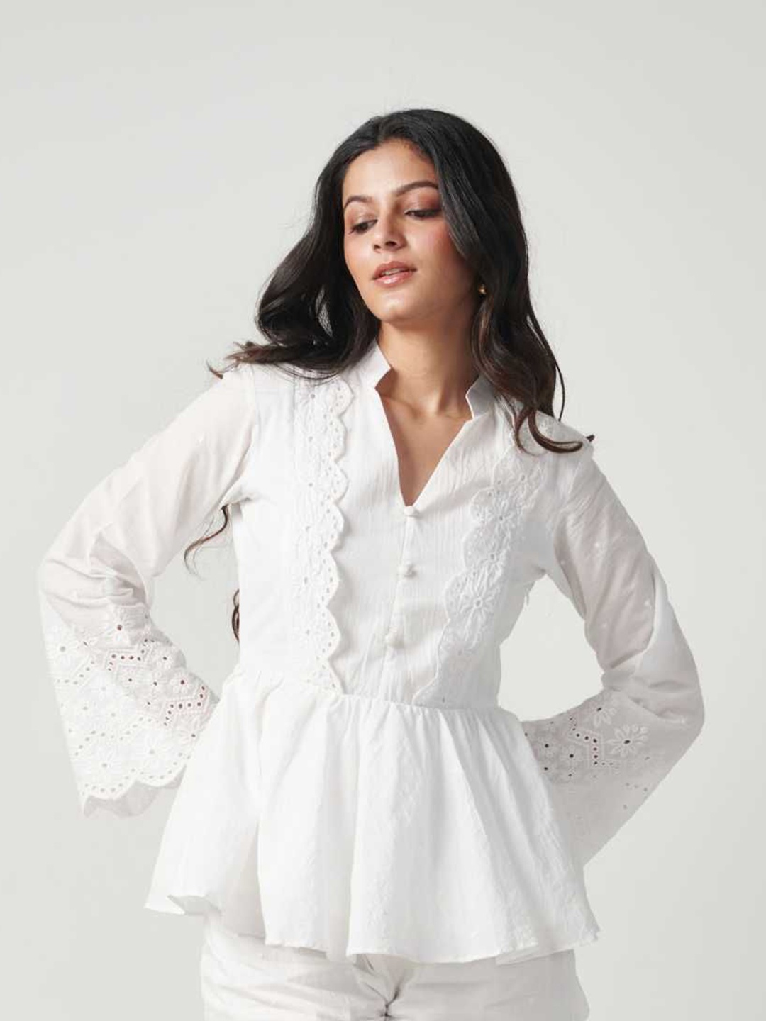 

Seoraa Mandarin Collar Bell Sleeve Cotton Peplum Top, White