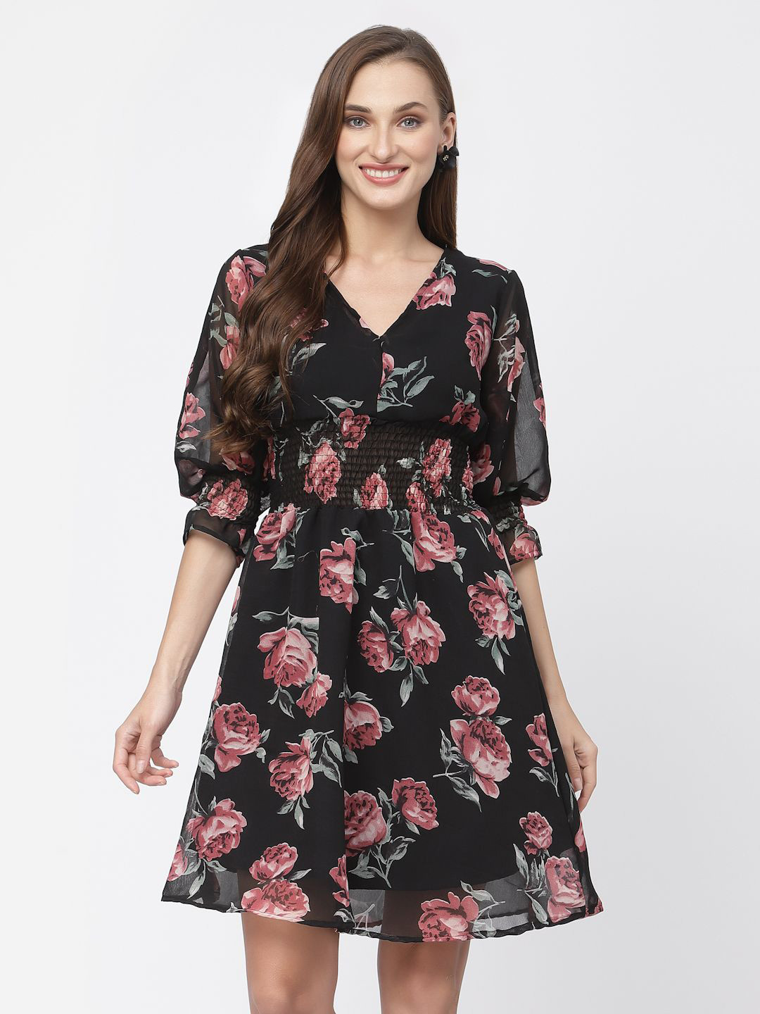 

DELIS Women Puff Sleeve Fit & Flare Dress, Black