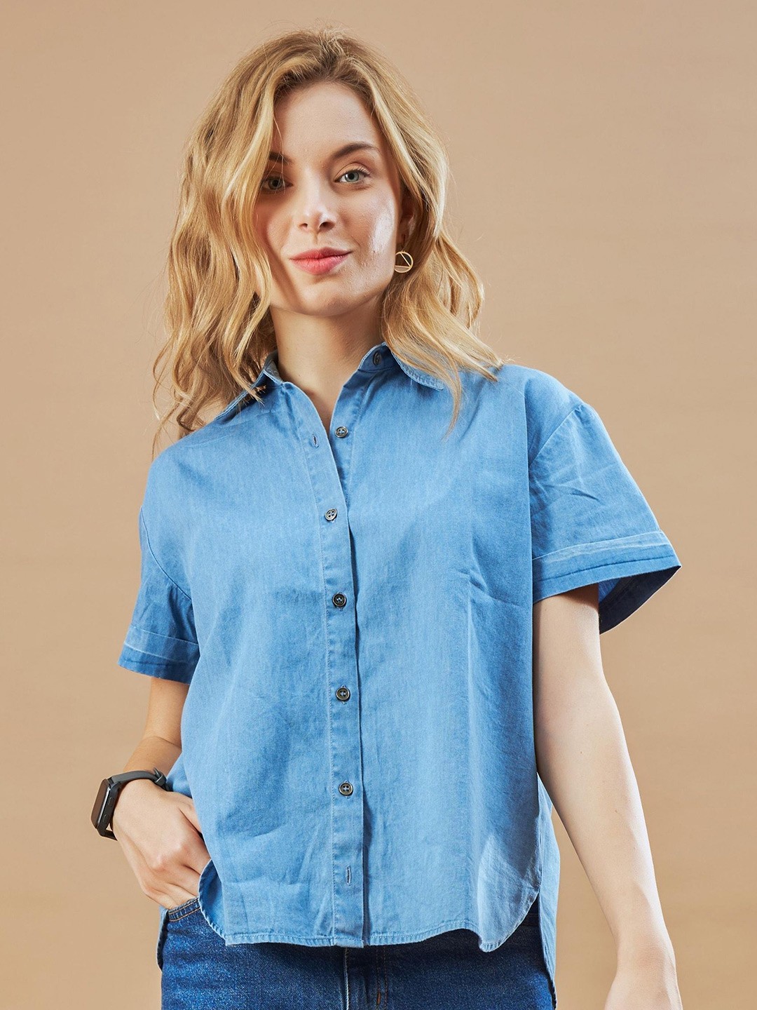 

Gazillion Women Original Relaxed Fit Spread Collar Solid Cotton Casual Shirt, Blue