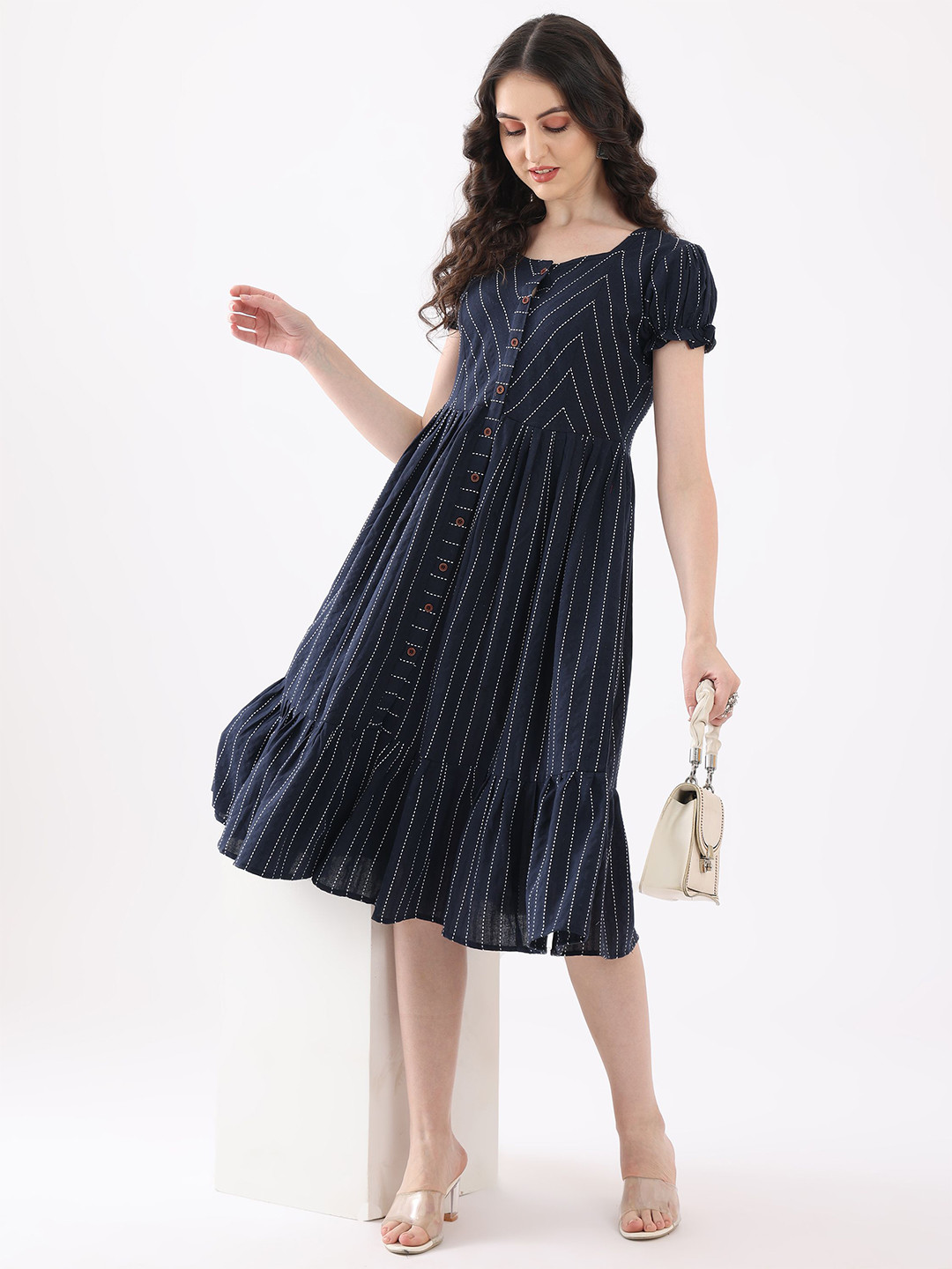 

Kinjo Women Striped Puff Sleeves A-Line Dress, Blue